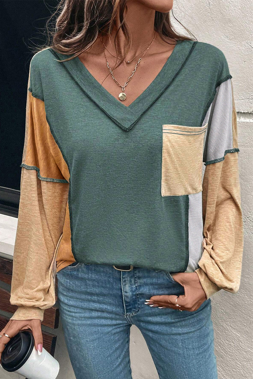 Colorblock Exposed Stitching Pocket Top FB