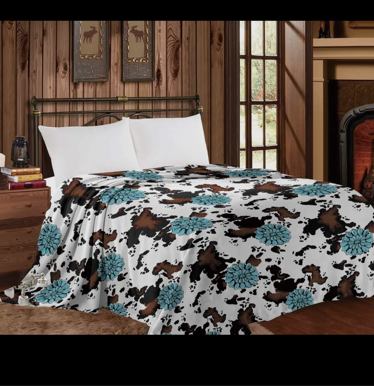 Turquoise cow print throw blanket
