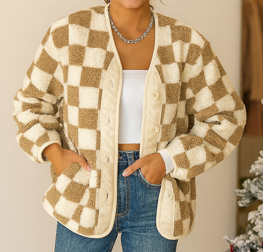 Brown Checkered Sherpa Jacket FB