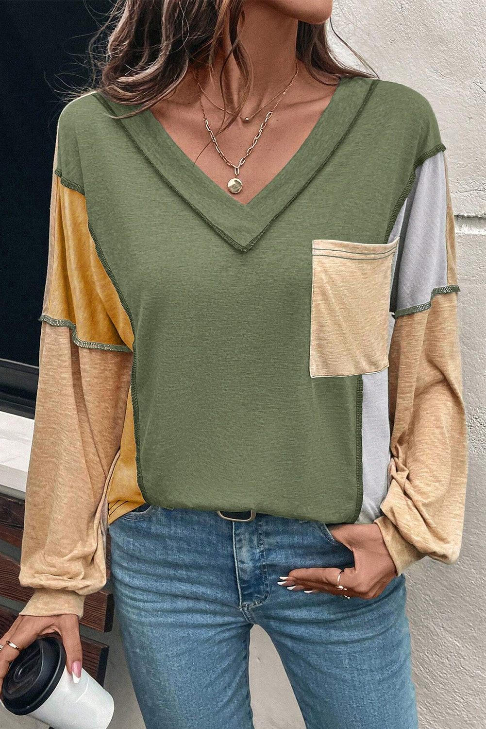 Colorblock Exposed Stitching Pocket Top FB