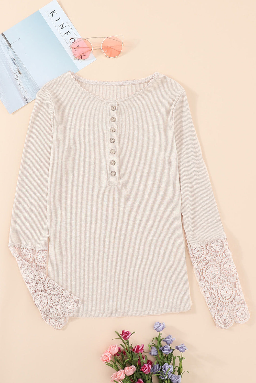 Beige Crochet Lace Button Top September.