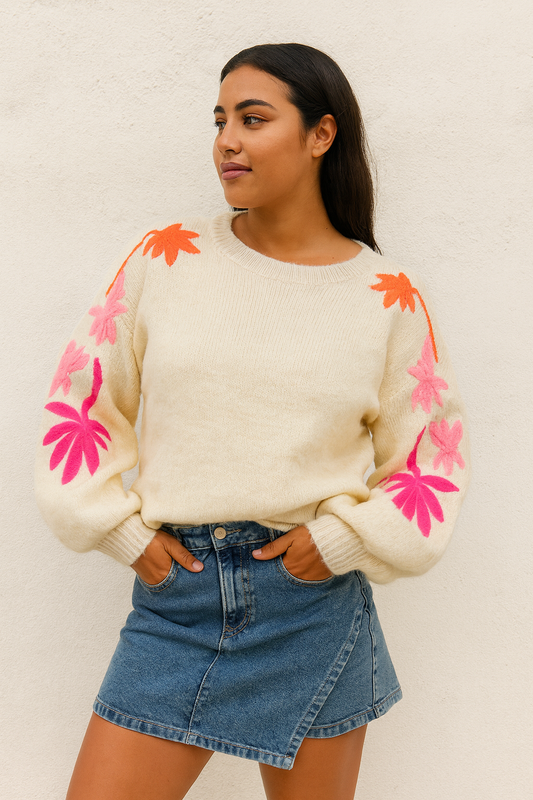 Beige Embroidered Floral Sweater September.