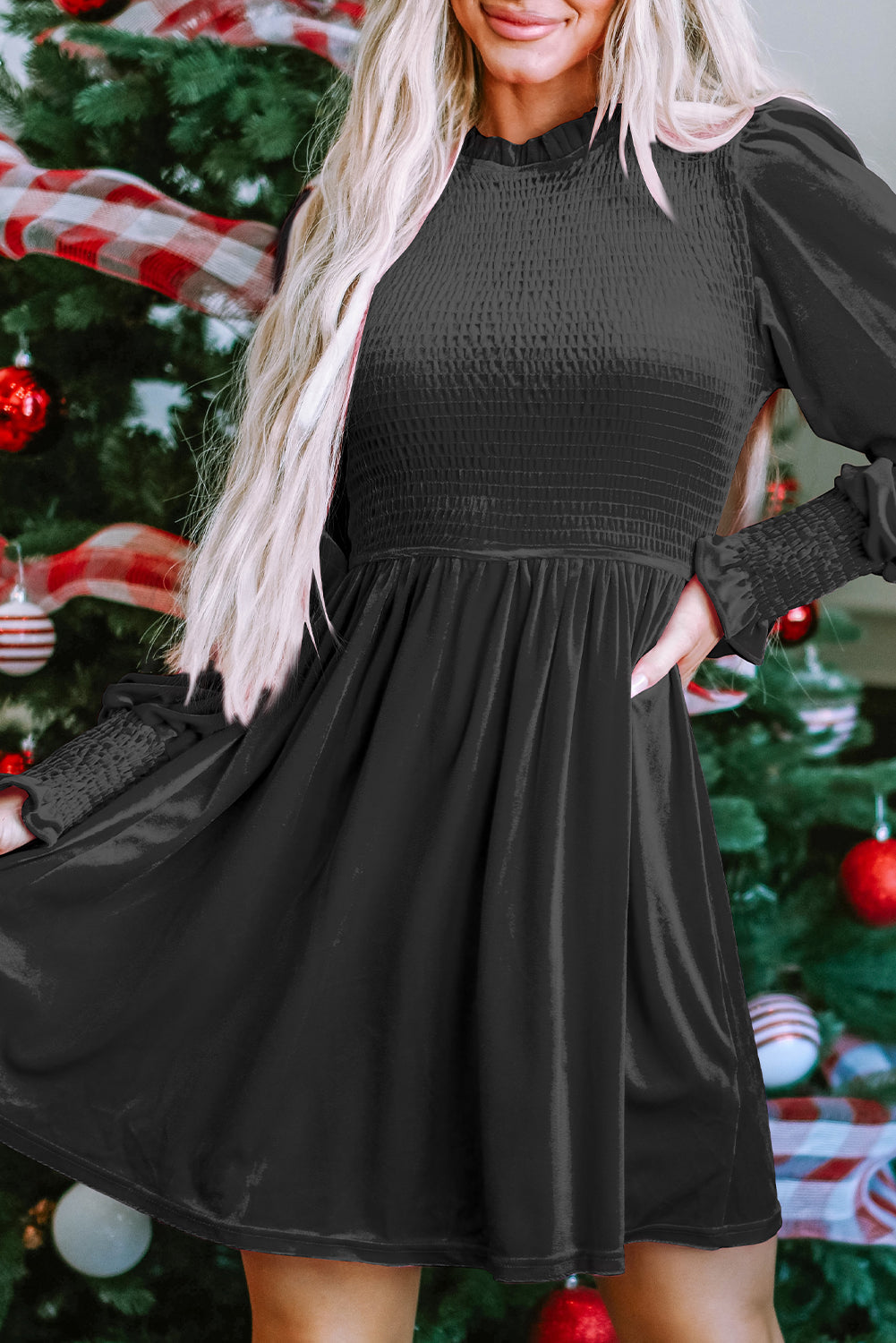 Black Frilled Velvet Dress FB