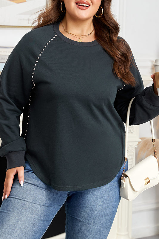 Black Studded Ribbed Plus Size Top FB