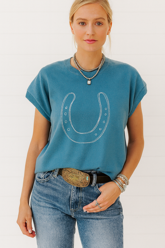 Blue Horse Shoe Embroidered Sweater LT