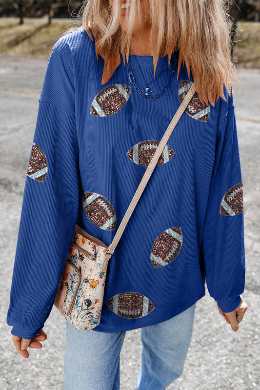 Blue Ribbed Sequin Football Sweatshirt FB