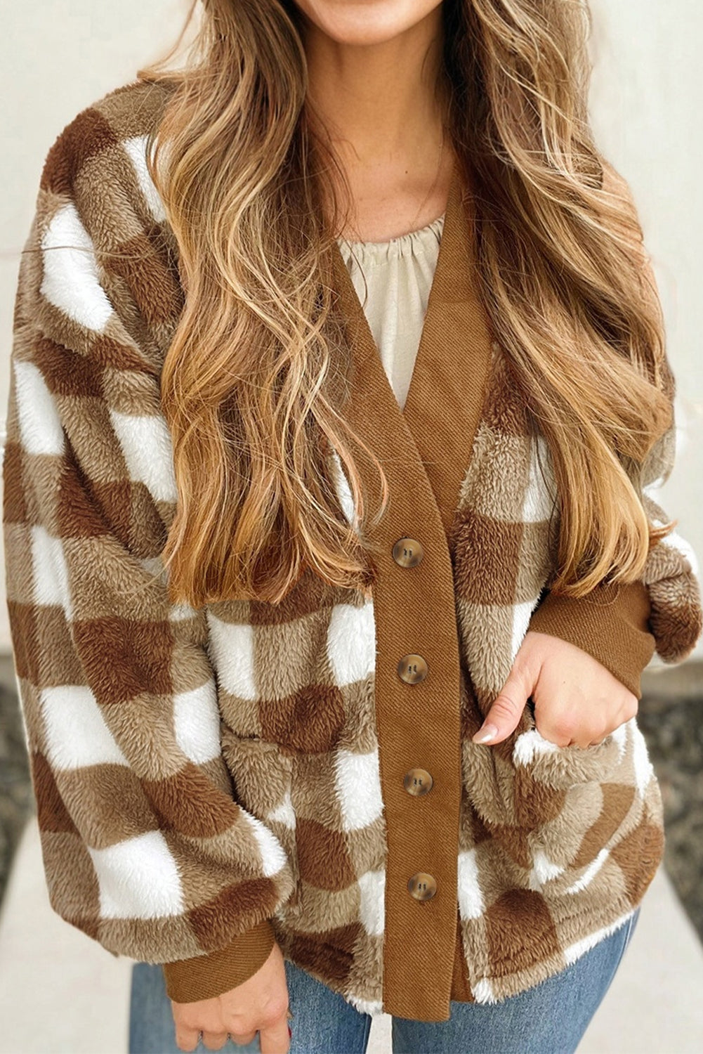 Brown Checkered Knit Cardigan FB