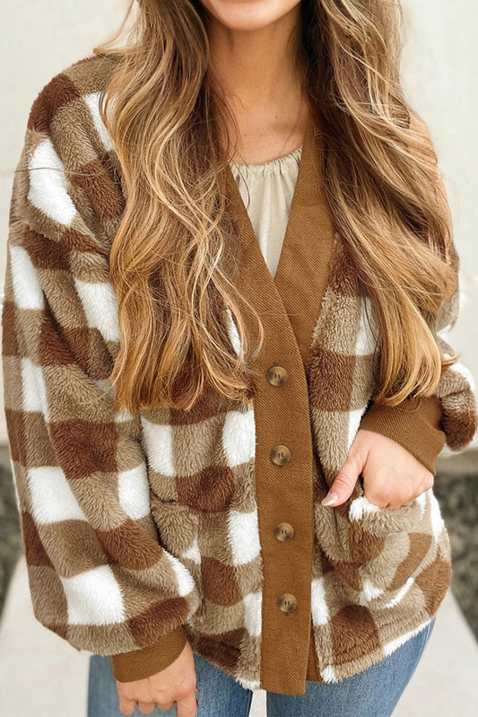 Brown Checkered Knit Cardigan FB
