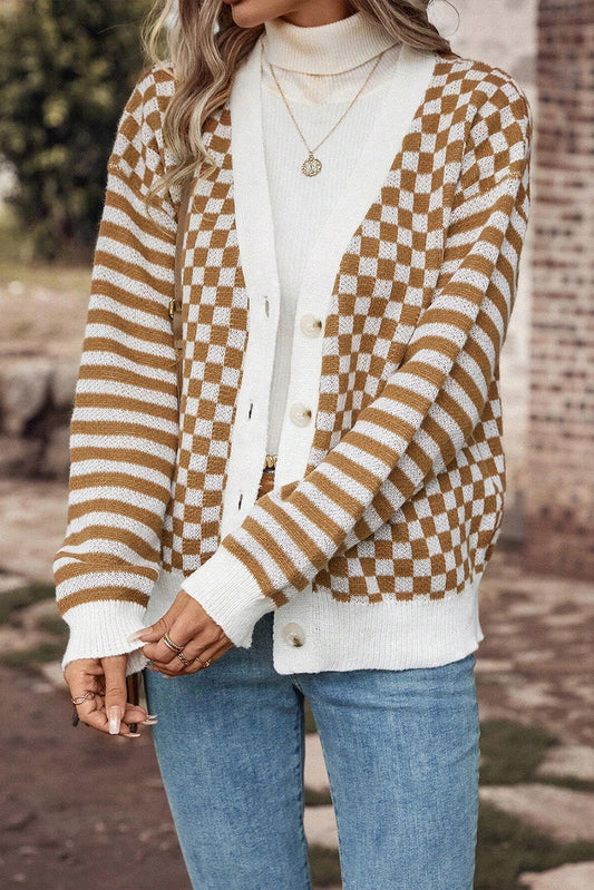 Brown Checkered Striped Cardigan FB