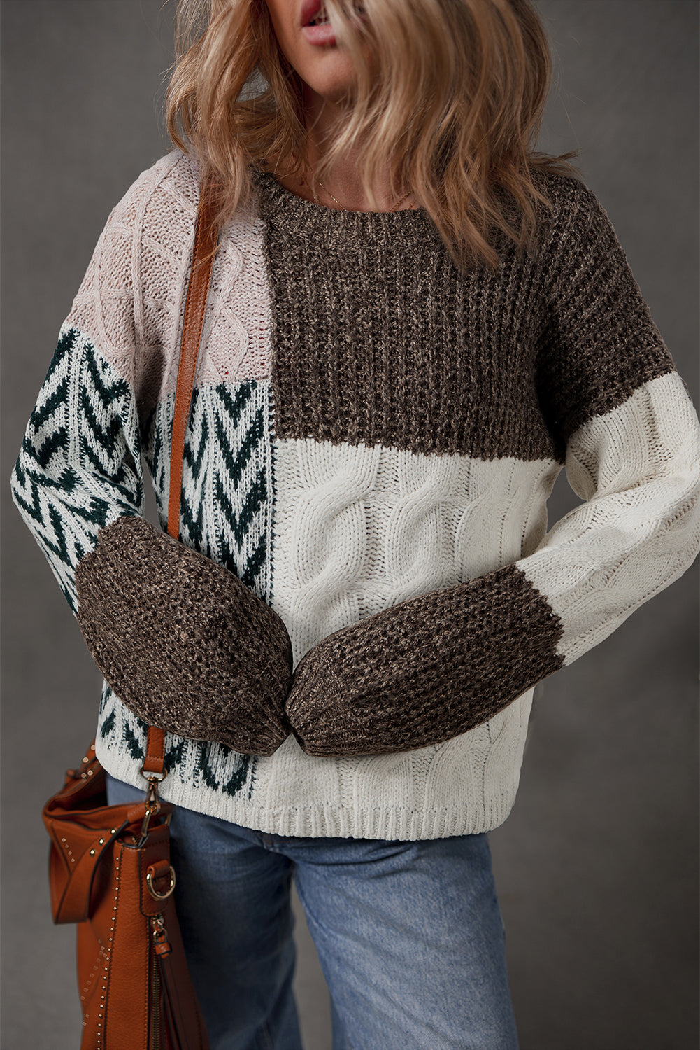 Brown Colorblock Patchwork Sweater FB