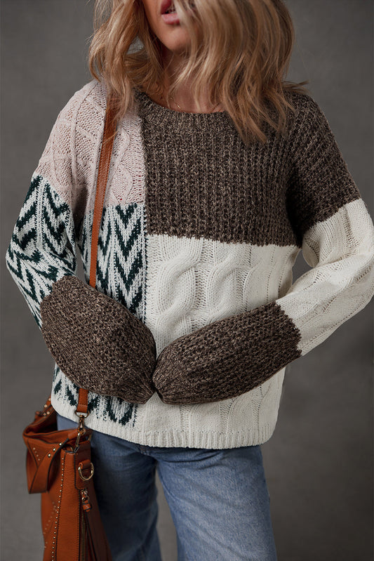 Brown Colorblock Patchwork Sweater FB