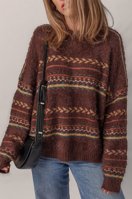 Brown Pattern Knit Sweater FB