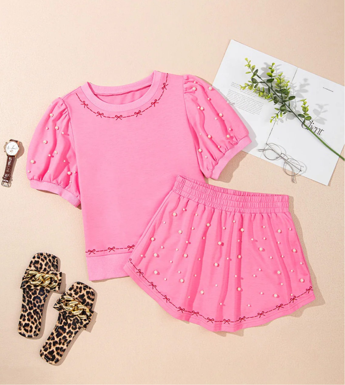 Pink Pearl Bow Print Set