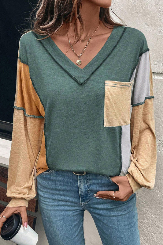 Colorblock Exposed Stitching Pocket Top FB
