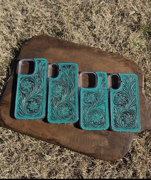 Turquoise tooled leather floral phone cases