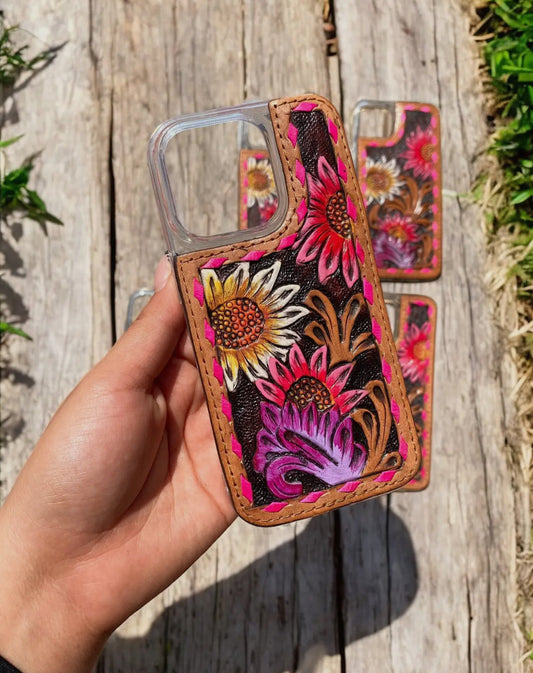 Pink and purple floral leather phone cases