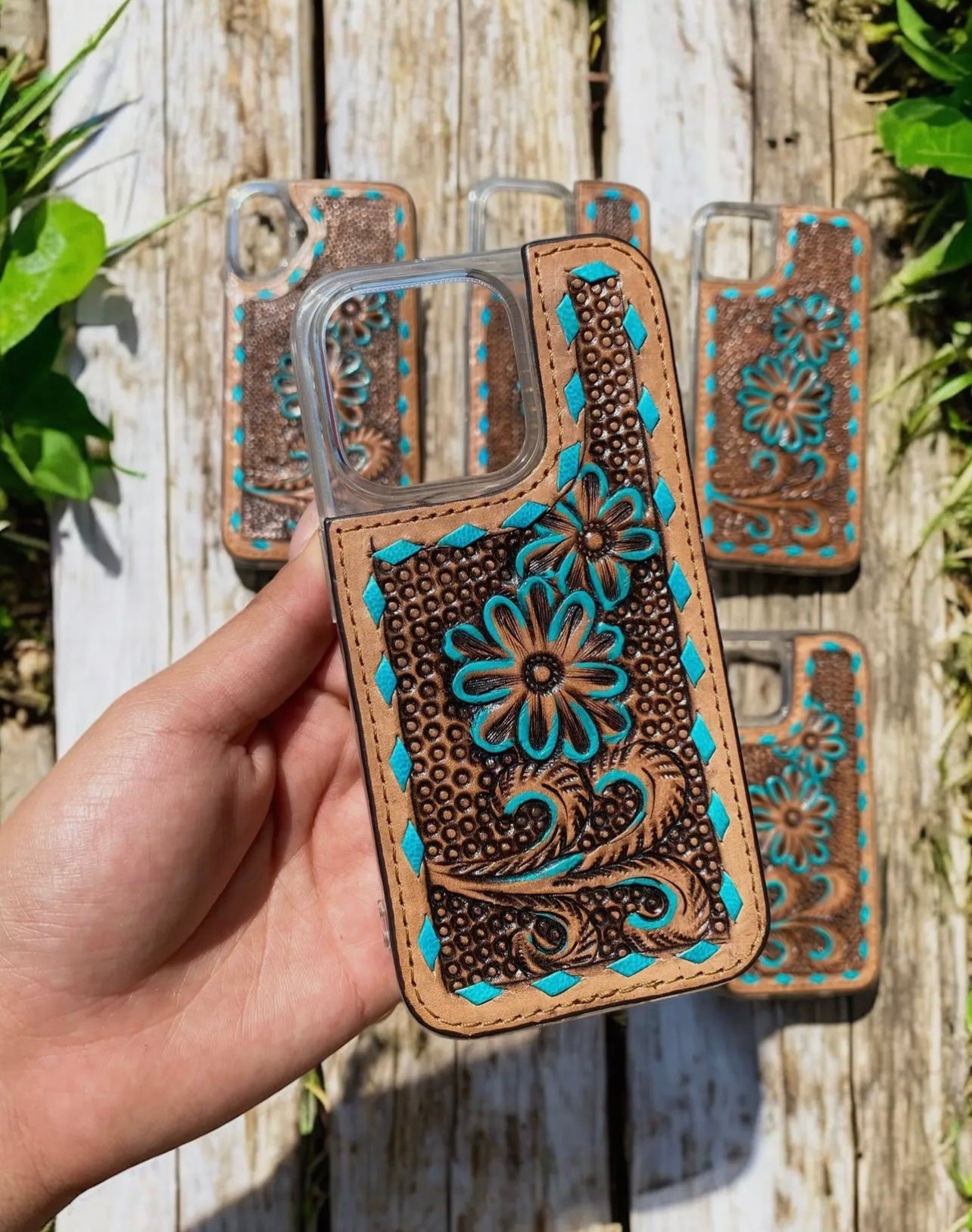 Turquoise leather flower