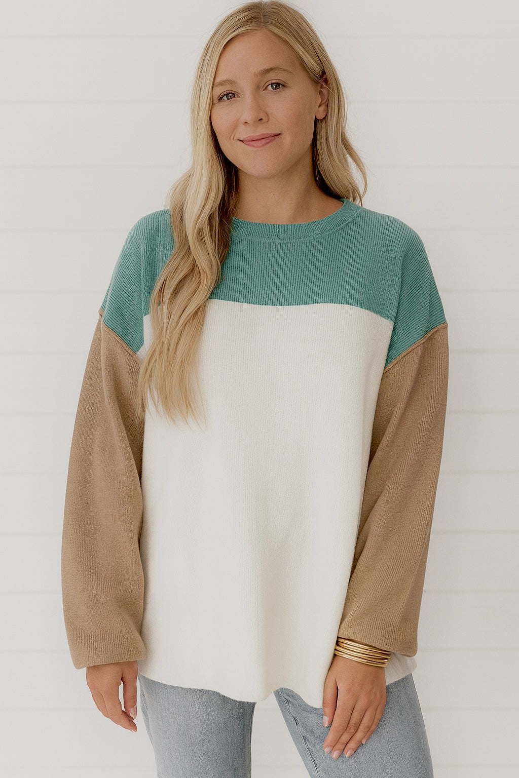 Green Color Block Ribbed Sweater LT