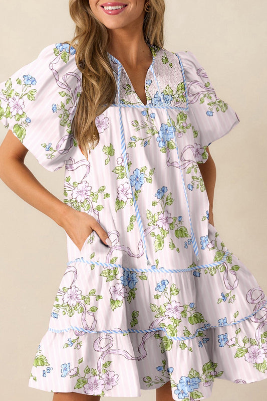 Pink Floral With Blue Stripes Dress LT