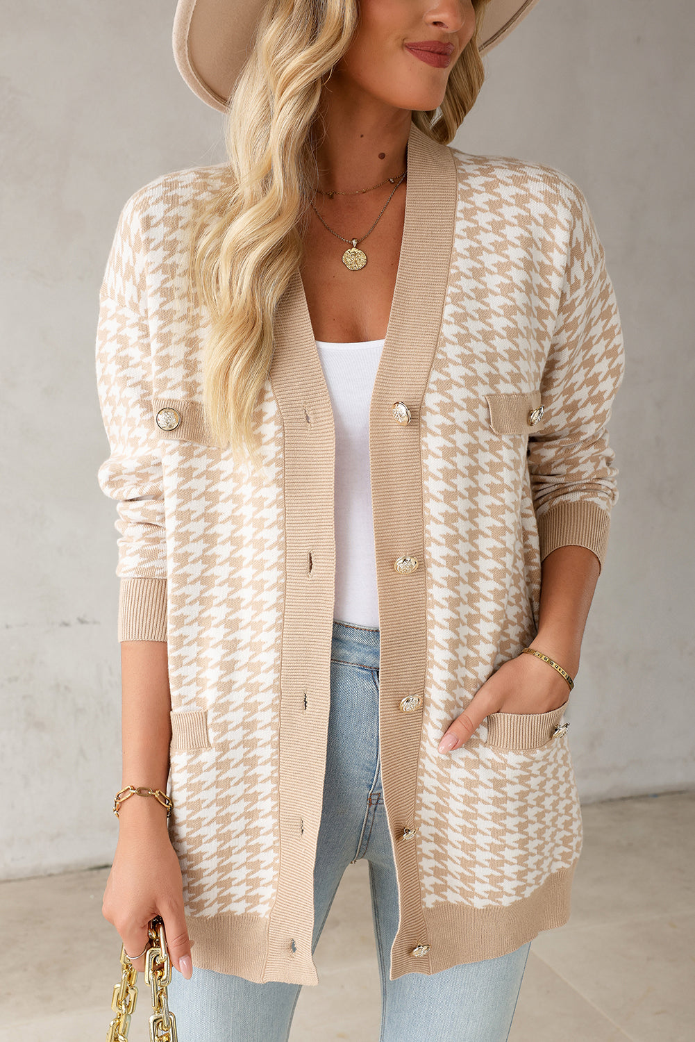Khaki Houndstooth Slim Cardigan FB