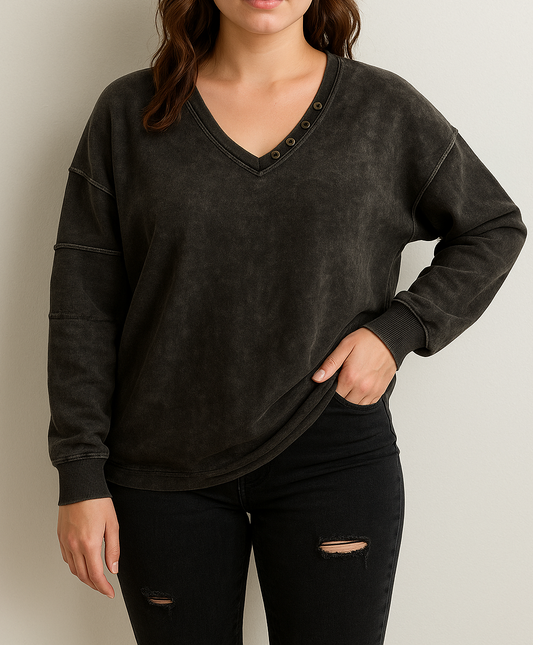 Mineral Wash Button V Neck FB