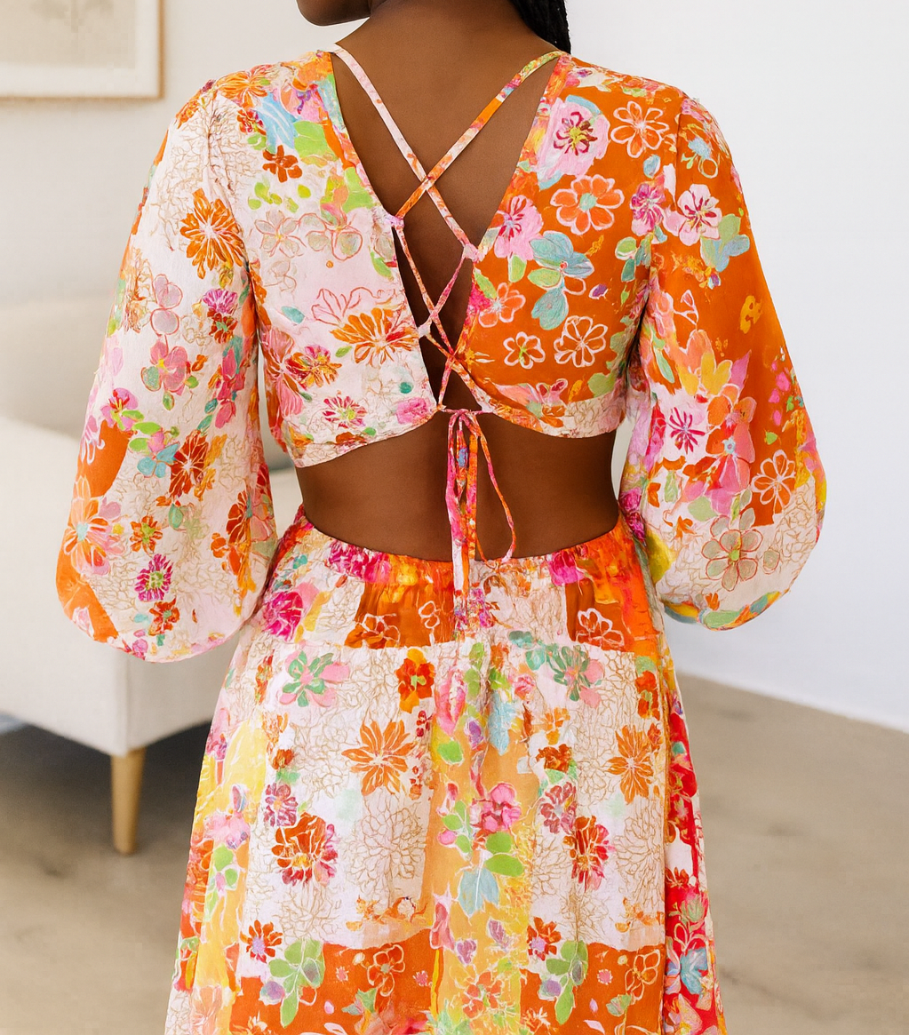 Orange Floral Tied Back Maxi Dress FB