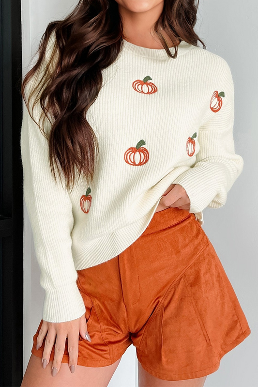 Pumpkin Embroidered Ribbed Sweater FB
