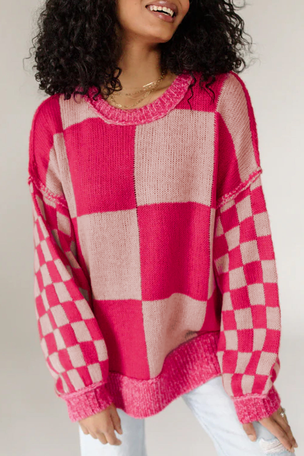 Rose Mixed Checkered Loose Sweater FB