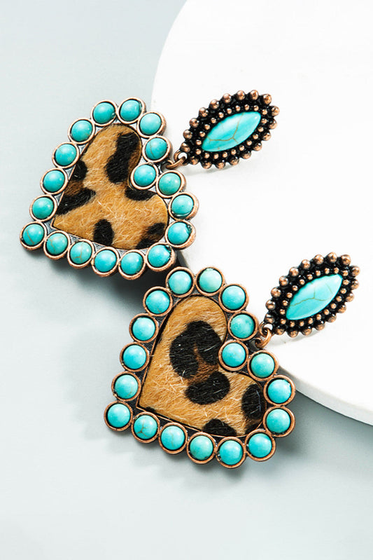 Teal Studded Leopard Heart Earrings FB
